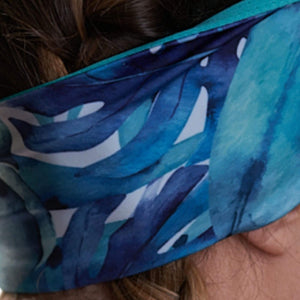 Close up of recyled patterned blue and white fabric used to make sports headband