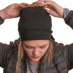 Women wearing ZQ sustainable merino wool beanie