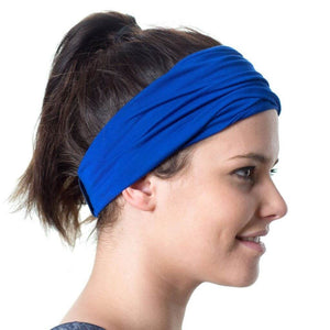 Side view of women wearing blue yoga headwrap