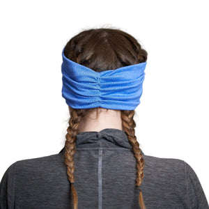 Back view showing pleats of women wearing blue moisture-wicking sports headband