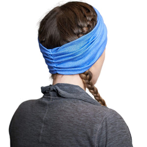Back view of women wearing blue moisture-wicking sports sweatband