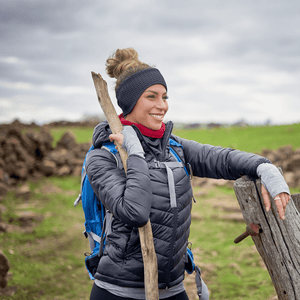 Women smiling while hiking wearing recycled Polartec fleecy lined ear warmers