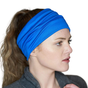 Women wearing royal blue moisture-wicking sports sweatband