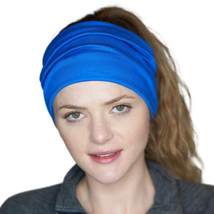 Women wearing royal blue moisture-wicking sports headband