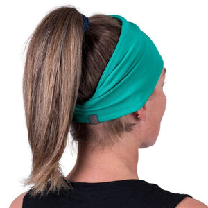 Back view of women wearing turquoise bamboo headwrap