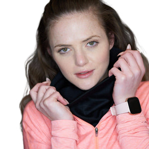 Women wearing black merino wool neck warmer