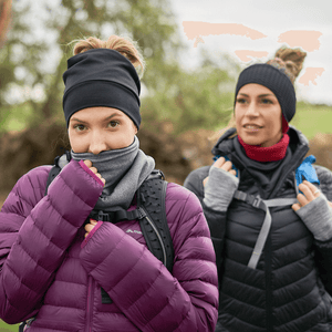 Two Women hiking wearing black & gray Polartec fleecy neck warmer