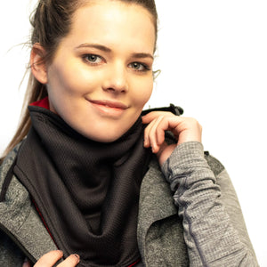 Women wearing black & red Polartec fleecy neck warmer