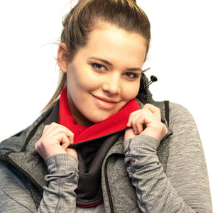 Women wearing black & red Polartec fleecy neck warmer