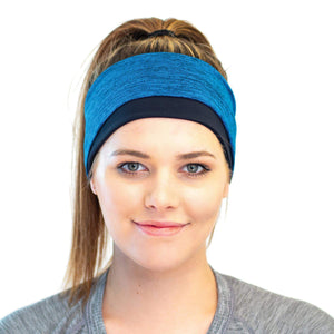 women wearing blue-black-reversible winter headband