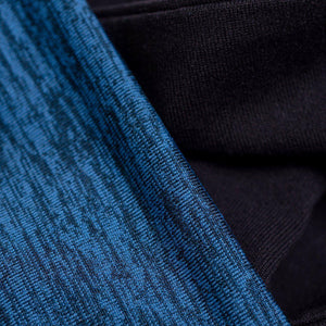 Close up of material used to make blue-black reversible winter headband