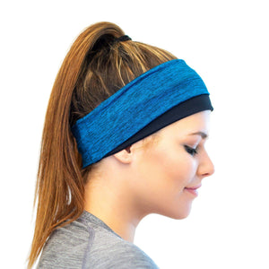 women wearing blue-black reversible winter sports ear warmers