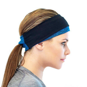 women wearing blue-black reversible winter ear warmers