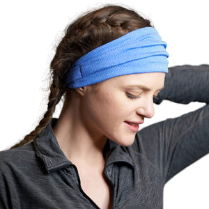 Women wearing blue adjustable tie behind sports headband