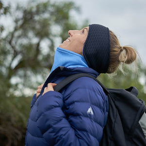 Women wearing french blue Polartec fleecy neck warmer