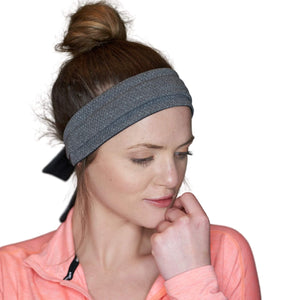 Women wearing reversible gray/black adjustable tie behind active headband