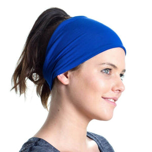 Side view of women wearing blue bamboo sports headband