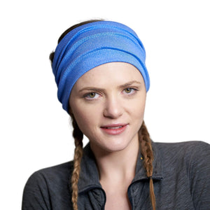 Women wearing blue moisture-wicking workout headband