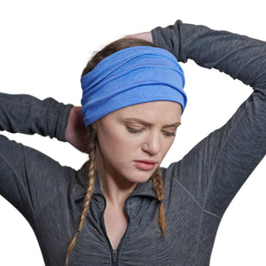 Women wearing blue breathable workout headband
