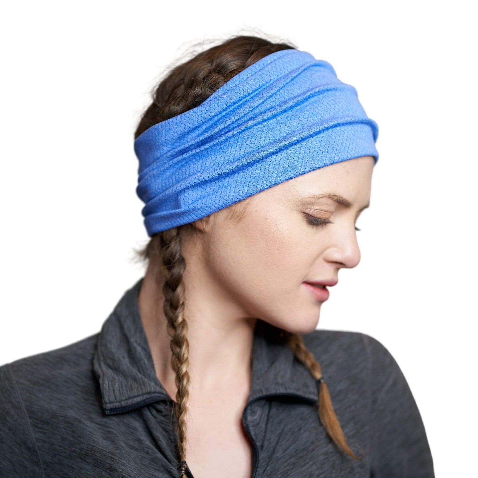 Women wearing blue moisture-wicking sports headband