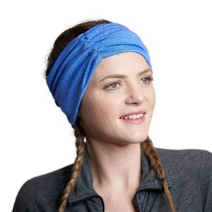 Women wearing blue moisture-wicking active gym headband