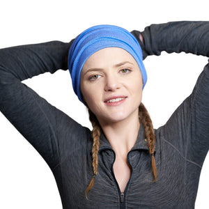 Women wearing blue moisture-wicking sports headband