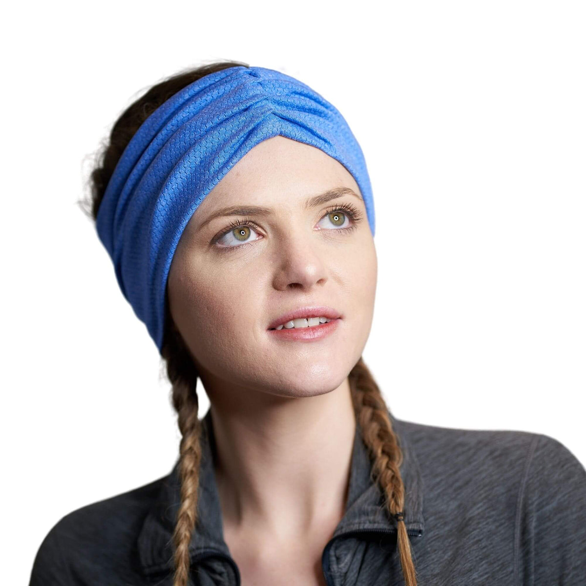 Women wearing blue breathable sports sweatband