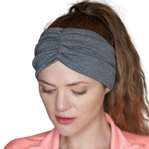 Front view highlighting pleats of women wearing gray moisture-wicking sports headband