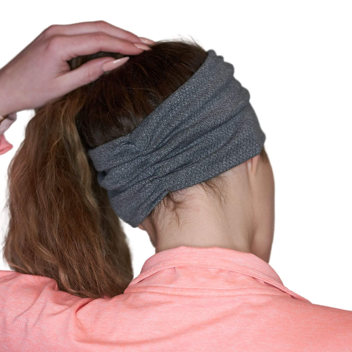 Back with of women wearing gray moisture-wicking sports headband