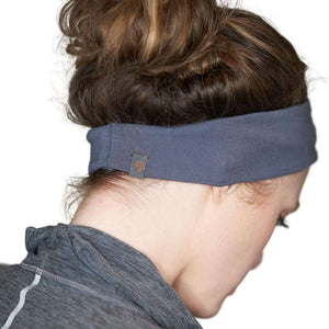 Back view of women wearing grey bamboo yoga headband