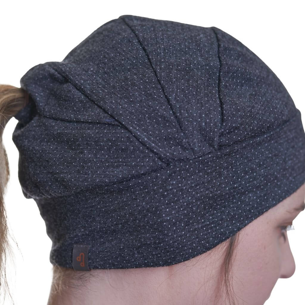 Close up of merino wool beanie&#39;s detail stitching