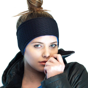 Front view of women wearing recycled Polartec blue fleecy lined ear warmers