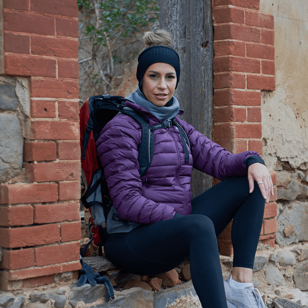 Women sitting outside wearing recycled Polartec fleecy lined ear warmers