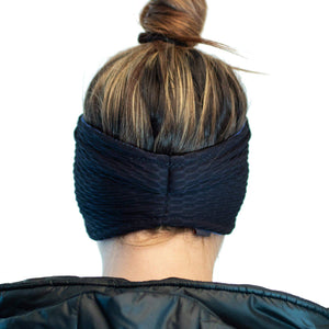 Back view of Front view of women wearing recycled Polartec fleecy lined ear warmers
