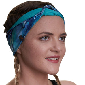 Women wearing patterned sweat wicking sports headband