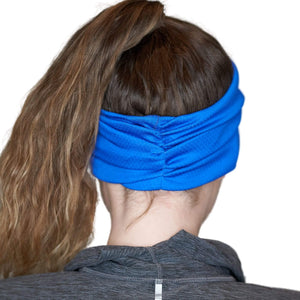 Back view highlight pleats of women wearing royal blue moisture-wicking sports headband