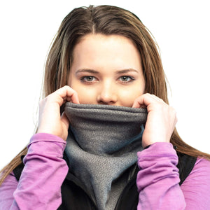 Women wearing black & gray Polartec fleecy neck warmer over face