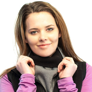 Women wearing black & gray Polartec fleecy neck warmer