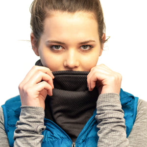 Women wearing black & black Polartec fleecy neck warmer  over mouth as mask