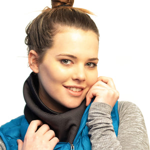 Women wearing black & black Polartec fleecy neck warmer
