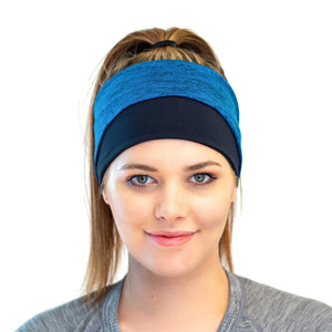 women wearing blue-black reversible winter sports headband