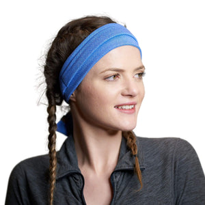 Women wearing blue adjustable tie behind sports sweatband