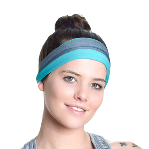 Women wearing a aqua/gray reversible exercise sweatband