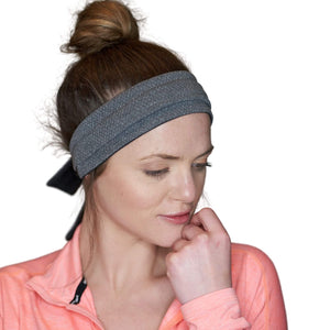Women wearing reversible gray/black adjustable tie behind sports headband