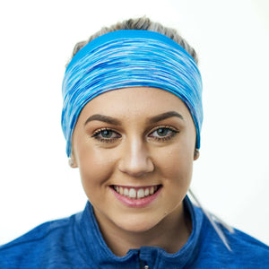 women wearing blue-aqua reversible winter active headband