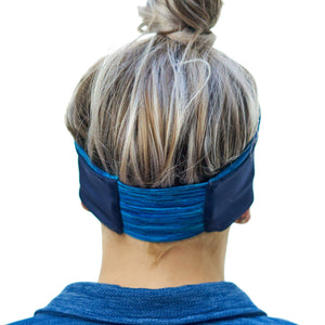 women wearing dark blue-marine-aqua reversible winter hiking ear warmers