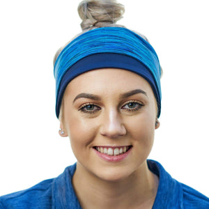 women wearing dark blue-marine-aqua reversible winter sports headband
