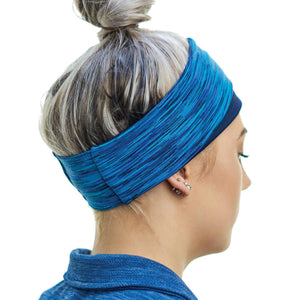 women wearing dark blue-marine-aqua reversible winter sports headband