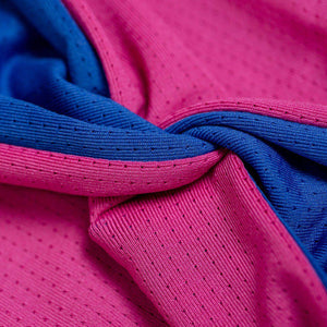 Close up of fabric used for pink/blue reversible sports headband
