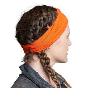 Side view of women wearing flame bamboo hiking headband